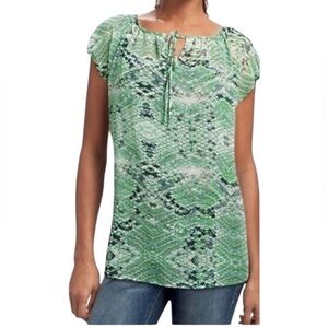 CABI style #746 Darby green & blue snakeskin print semi sheer cap sleeve top L